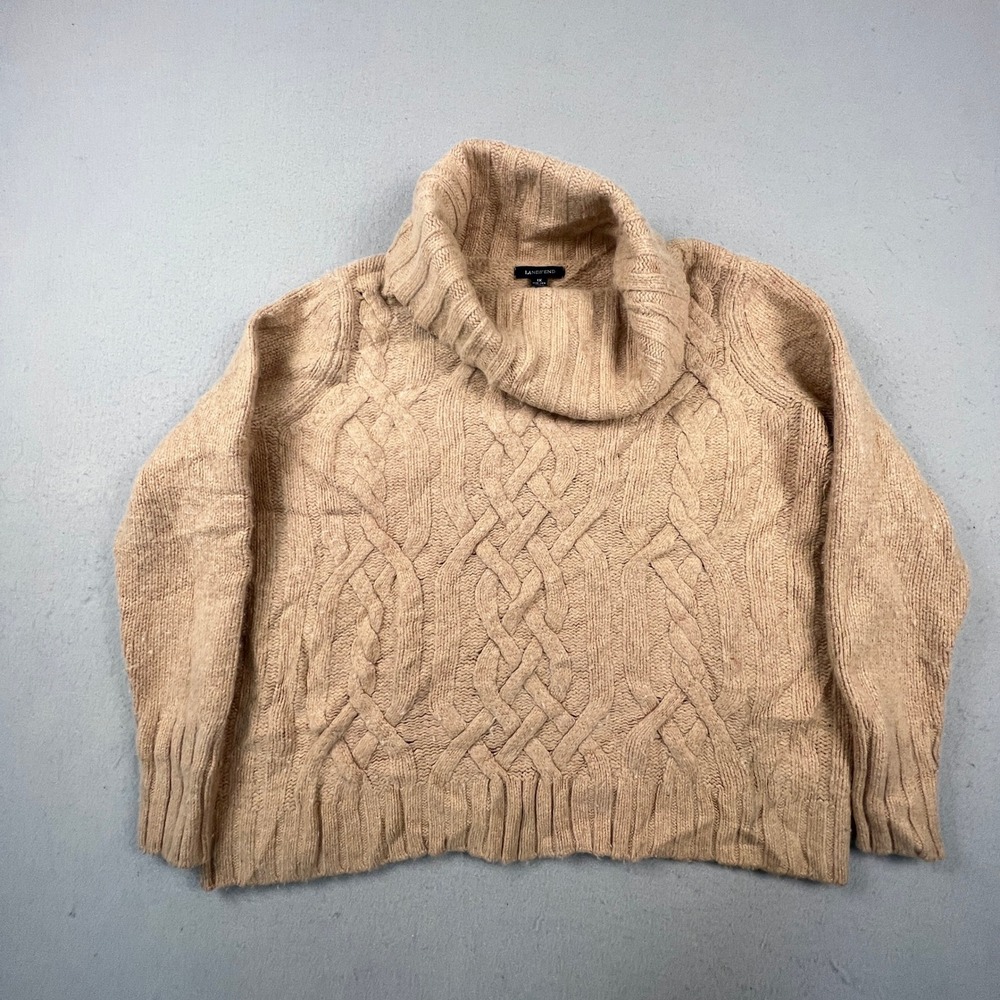 Lands End Sweater Womens 1X Tan Merino Wool Blend Cable Knit Cowl Neck Pullover